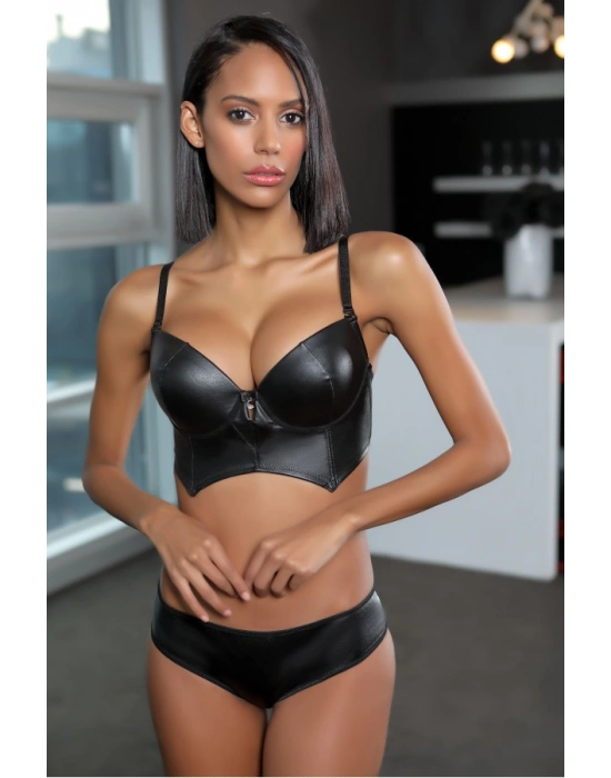 MOONLİGHT 323 DERİ GÖRÜNÜMLÜ SÜTYEN VE KÜLOT TAKIMI DESTEKLİ SİYAH