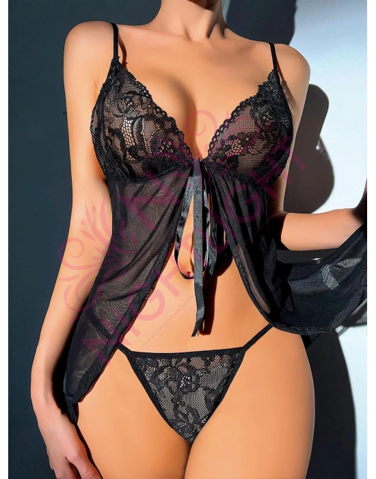 Nightlight Dantel Göğüs Kısmı Dantel Yırtmaçlı Mini Gecelik