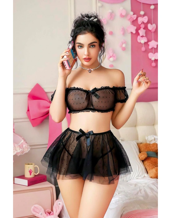 Nightlight Tül Puantiyeli Fantezi Etekli Takım Siyah 7051