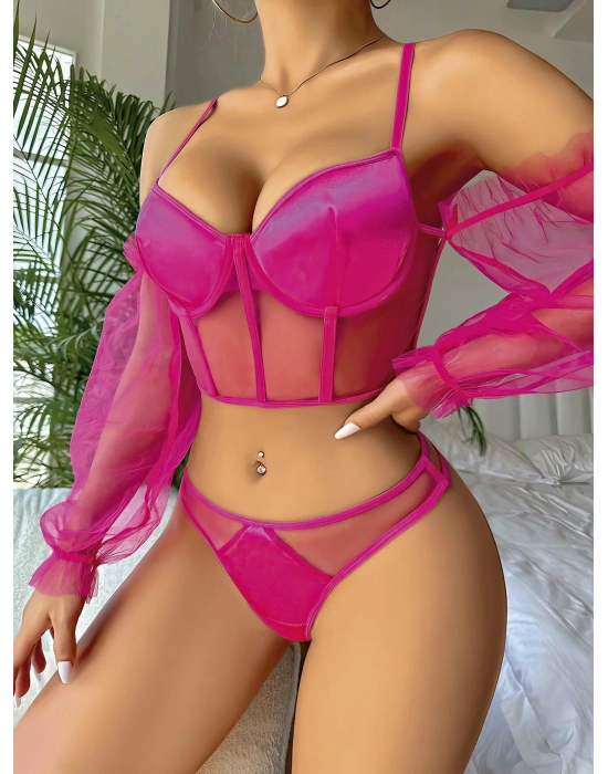 Pembe Kolları Tül Detaylı .Jartiyer Fantezi Takım 2020