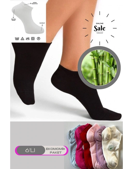 Renkli 6 Lı Bambu Yumuşak Topuk Burun Dikişsiz Takviyeli Kadın Patik Çorap 2015-Renkli-6LI