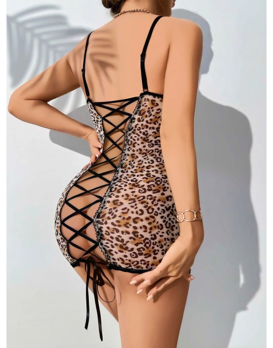 Şık Leopar Desenli Arkası Çapraz Bağlamalı Fantezi Kostüm 2213