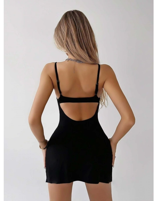 Siyah Derin Yırtmaçlı Halkalı Göğüs Dekolteli Fantezi Clup Elbise 5025