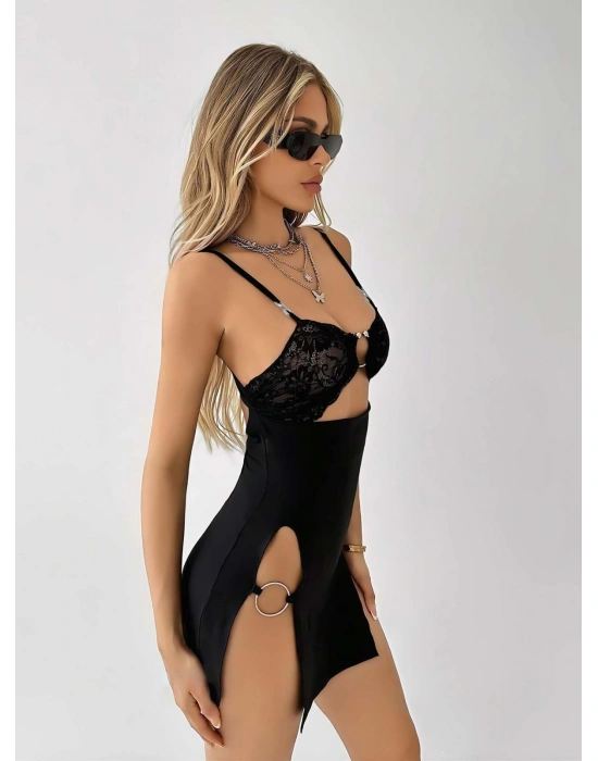 Siyah Derin Yırtmaçlı Halkalı Göğüs Dekolteli Fantezi Clup Elbise 5025
