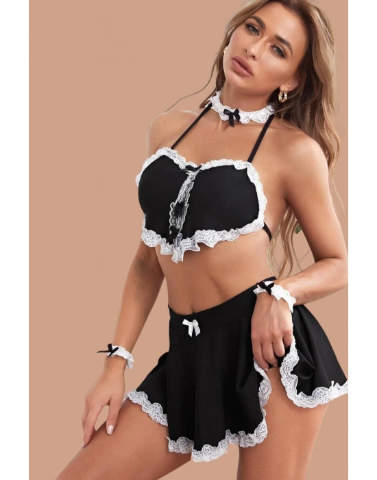 Siyah Fantezi Hemşire Beyaz Dantel İşlemeli Gecelik 50897