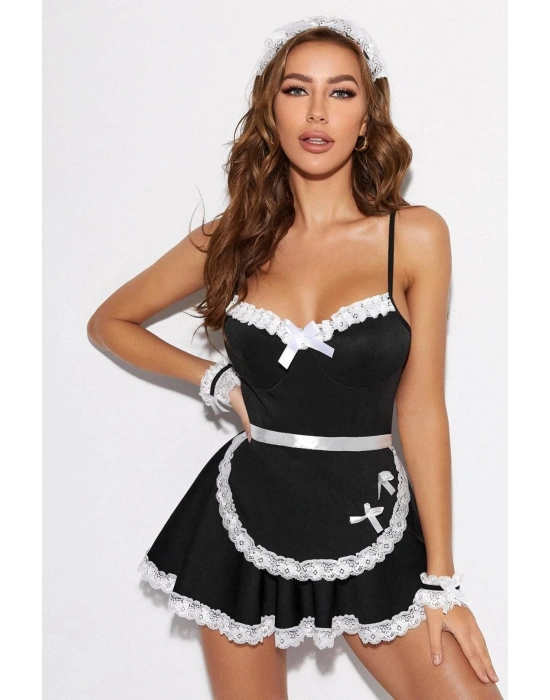 Siyah Fantezi Kenarları Dantel İle İşlenmiş Kostüm Gecelik 50910