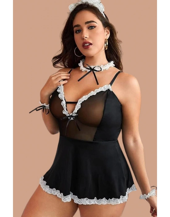 Siyah Hemşire Modeli Göğsü Tül İle İşlenmiş Şık Kostüm 50899