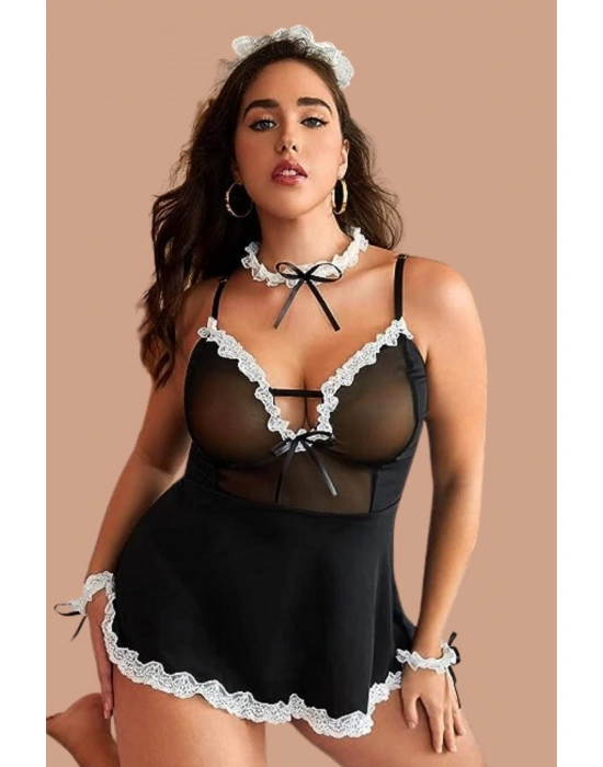 Siyah Hemşire Modeli Göğsü Tül İle İşlenmiş Şık Kostüm 50899