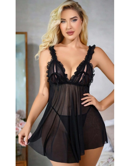 Siyah Kadın Fantezi Gecelik Tül Askı ve Göğüs Fırfır Detaylı 2110
