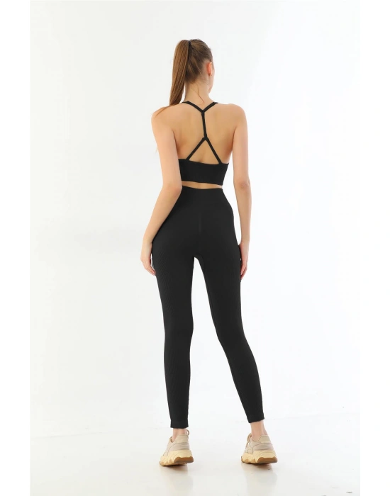 SİYAH MI Emay 3921 Soft Seamless Ripli Tayt Yoga Takımı