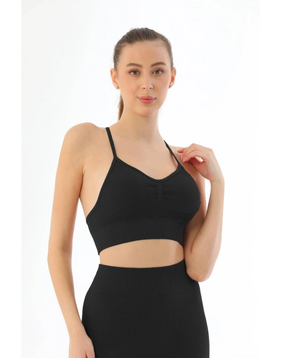 SİYAH MI Emay 3921 Soft Seamless Ripli Tayt Yoga Takımı