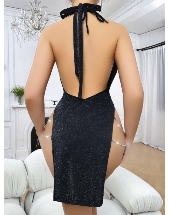 Siyah Seksi Elbise Zincirli 5045