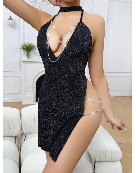Siyah Seksi Elbise Zincirli 5045