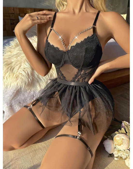 Siyah Tül Etekli Jartiyer Fantezi Takım 2032