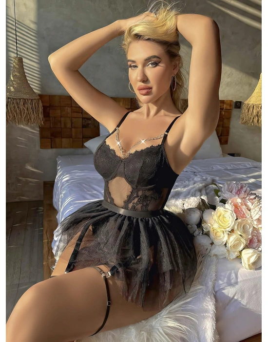 Siyah Tül Etekli Jartiyer Fantezi Takım 2032