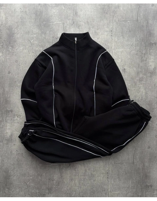 Biyeli Unisex Şardonlu Eşofman Takımı Siyah