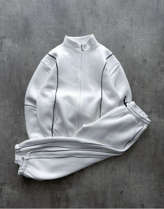 Biyeli Unisex Şardonlu Eşofman Takımı Beyaz