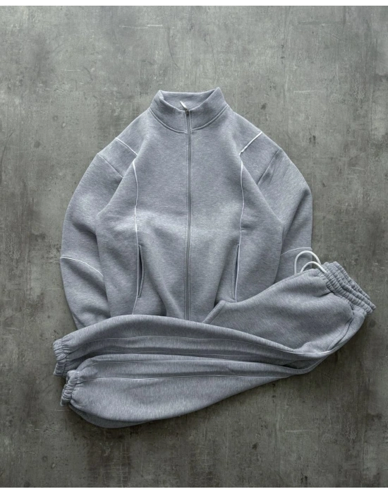 Biyeli Unisex Şardonlu Eşofman Takımı Gri