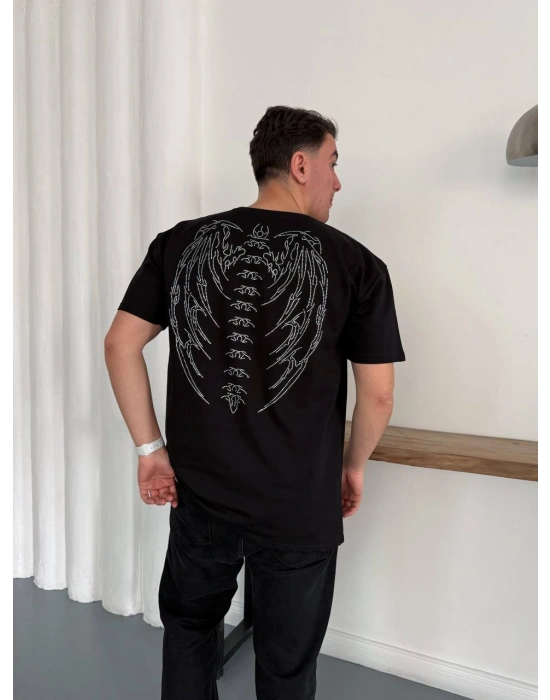 Taşlı Oversize Unisex Tshirt Siyah