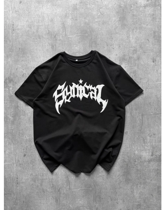 Taşlı Oversize Unisex Tshirt Siyah