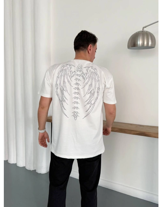 Taşlı Oversize Unisex Tshirt Beyaz