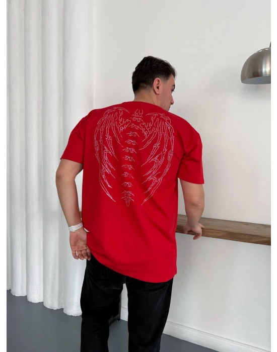 Taşlı Oversize Unisex Tshirt Kırmızı