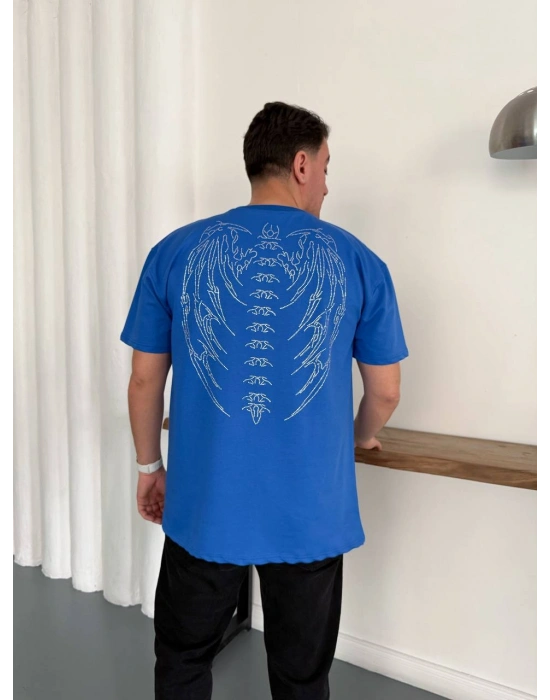 Taşlı Oversize Unisex Tshirt Mavi