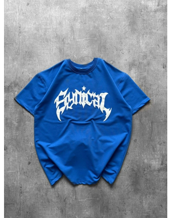 Taşlı Oversize Unisex Tshirt Mavi