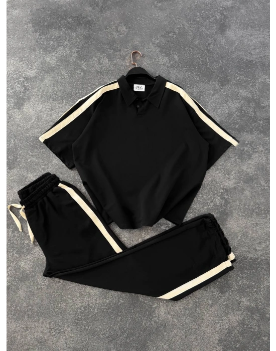 Şerit Detay Unisex Eşofman Takım siyah