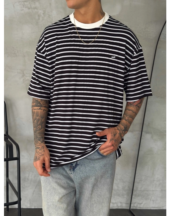 SW Çizgili Oversize Unisex Tshirt Siyah