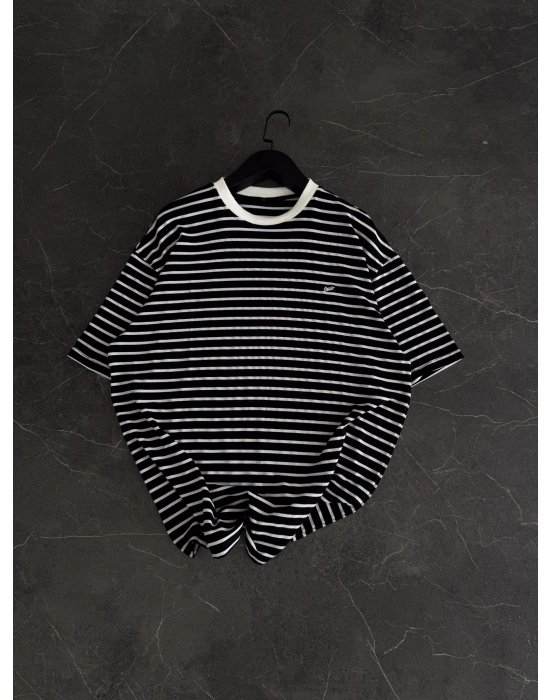 SW Çizgili Oversize Unisex Tshirt Siyah