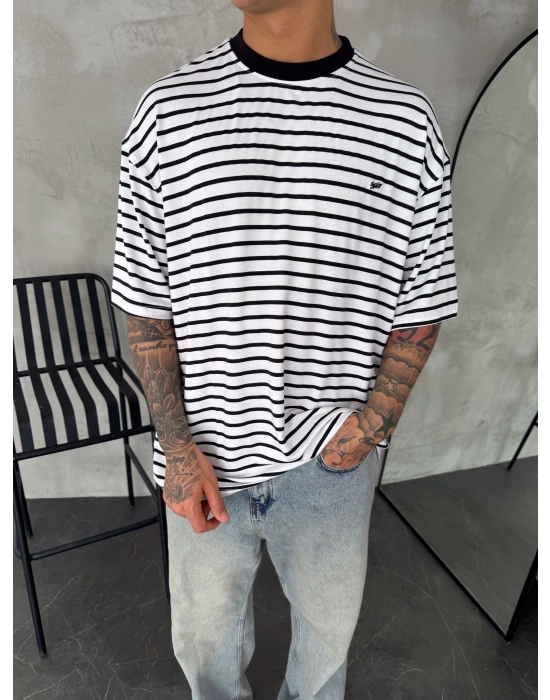 SW Çizgili Oversize Unisex Tshirt Beyaz
