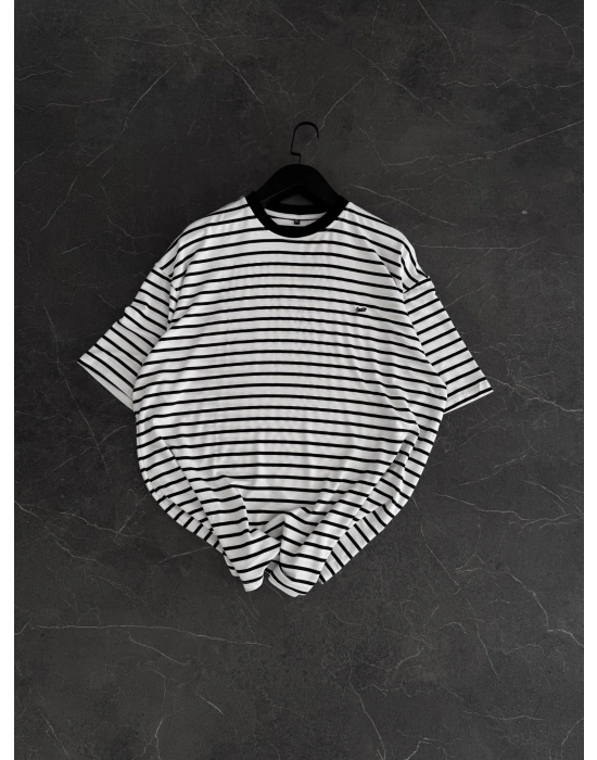 SW Çizgili Oversize Unisex Tshirt Beyaz