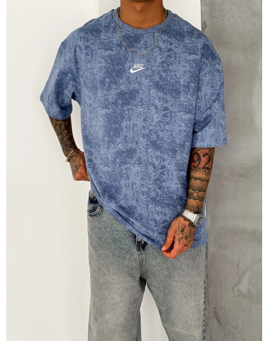 Basic Yıkamalı NK Oversize Tshirt Mavi