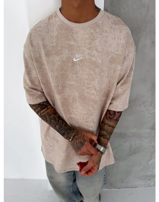 Basic Yıkamalı NK Oversize Tshirt Bej