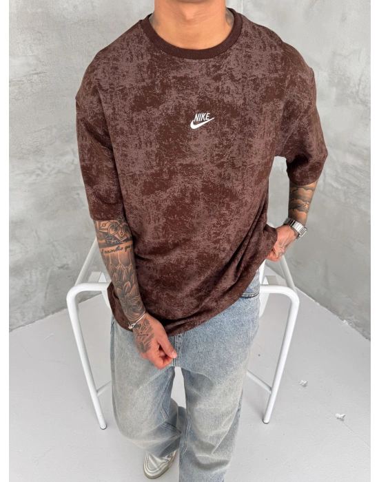 Basic Yıkamalı NK Oversize Tshirt Kahverengi