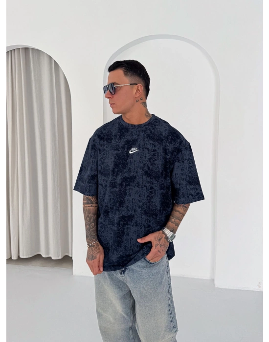 Basic Yıkamalı NK Oversize Tshirt Lacivert