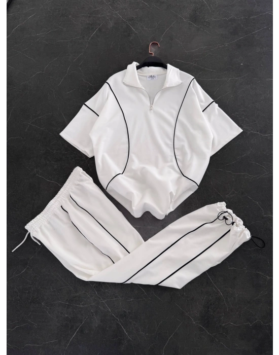 Fermuar Detay Unisex Eşofman Takım Beyaz