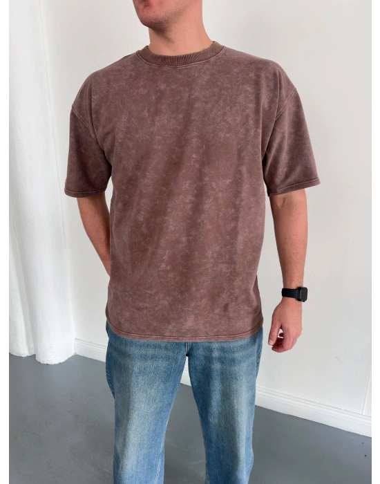 Basic Yıkamalı Oversize Tshirt Kahverengi