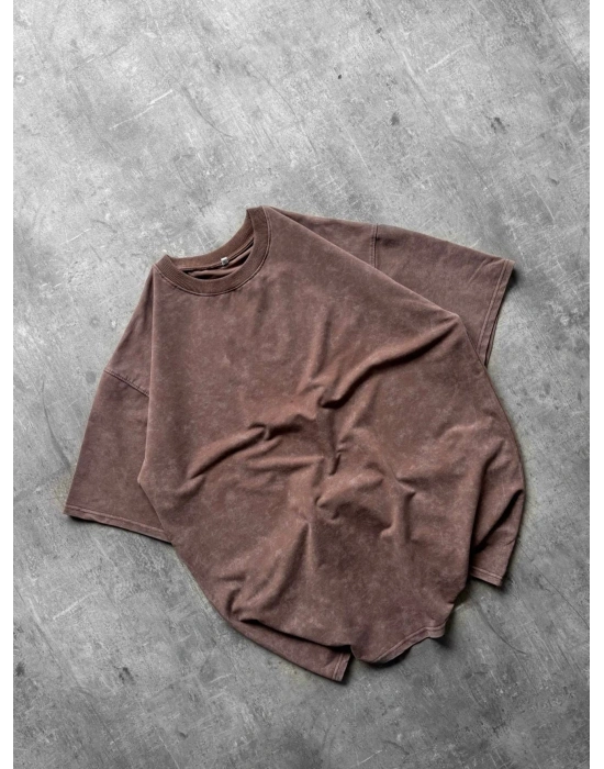 Basic Yıkamalı Oversize Tshirt Kahverengi