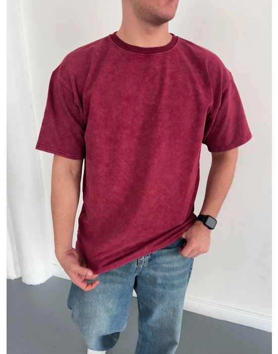 Basic Yıkamalı Oversize Tshirt Bordo