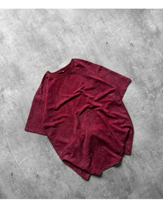 Basic Yıkamalı Oversize Tshirt Bordo