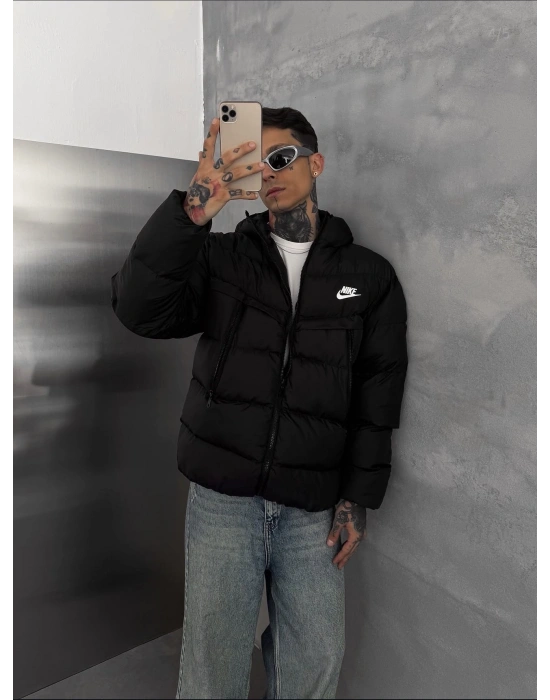 KAPÜŞONLU PUFFER ŞİŞME MONT SİYAH
