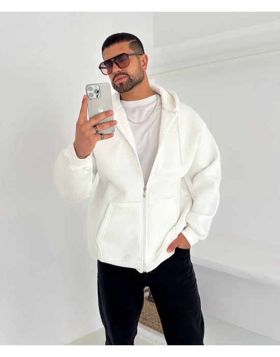 Basic Şardonlu Unisex Hırka - Beyaz