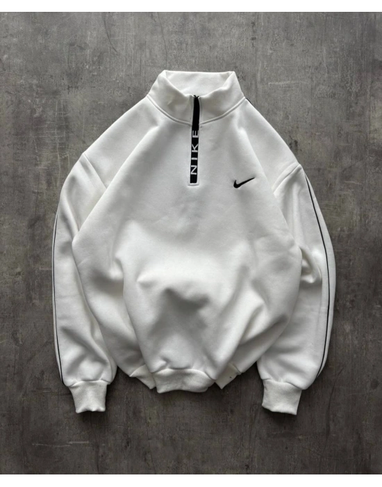 Dik Yaka Şardonlu Sweatshirt Beyaz