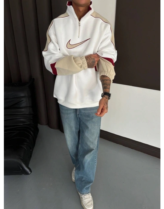 DİK YAKA ŞARDONLU SWEATSHİRT Beyaz