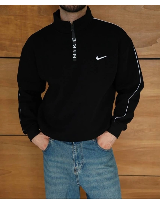 Dik Yaka Şardonlu Sweatshirt Siyah