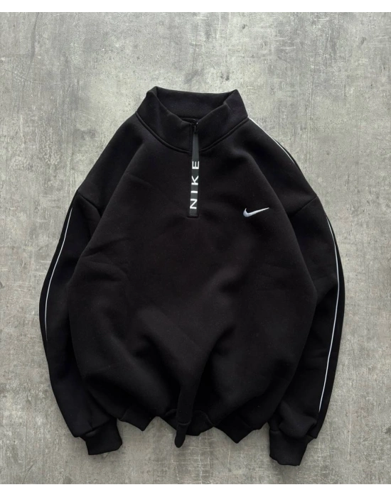 Dik Yaka Şardonlu Sweatshirt Siyah