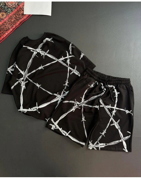 Dikenli Unisex Şortlu Takım - Siyah