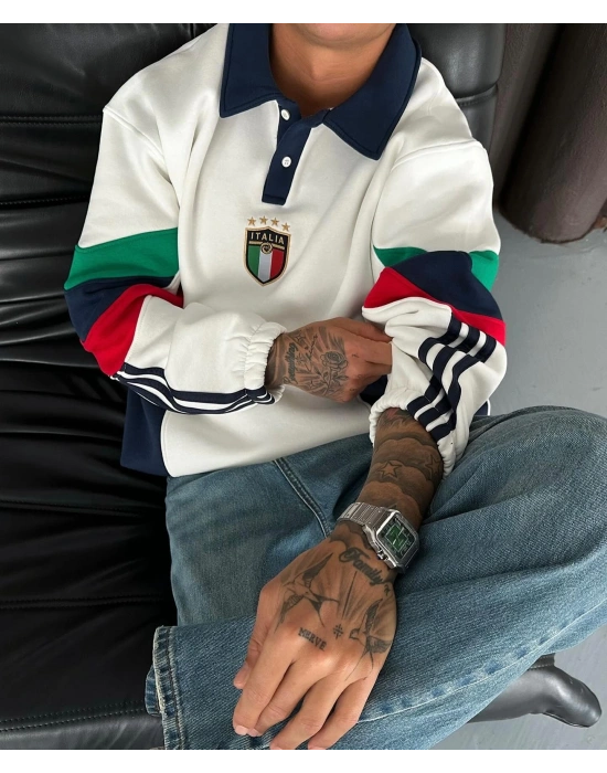 İtaly Parçalı Unisex Şardonlu Sweatshirt Beyaz